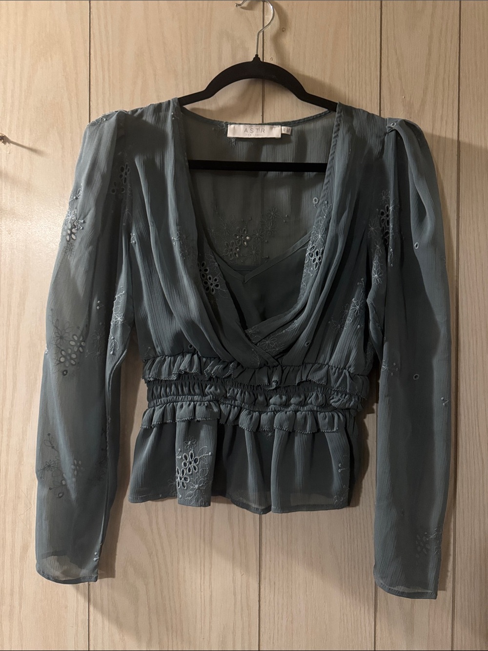 Astr Dusty Blue Eyelet Surplice Peasant Blouse